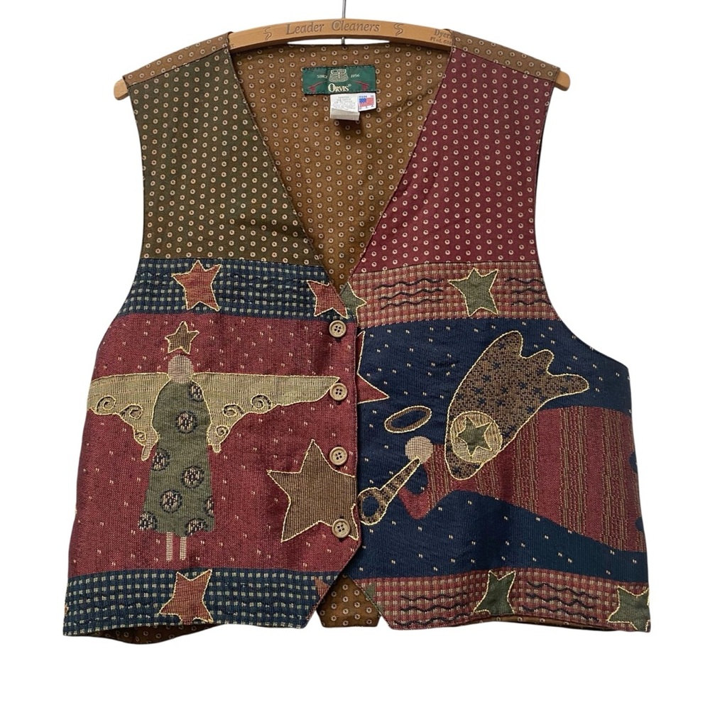 Vintage Orvis Angel Quilted Embellished Brocade cotton Vest size L Made in USA